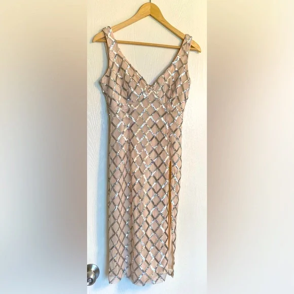 Boohoo Midi V Cut Neckline Thigh Split Sequin Cream Dress Women Petite Zero - Picture 3 of 14